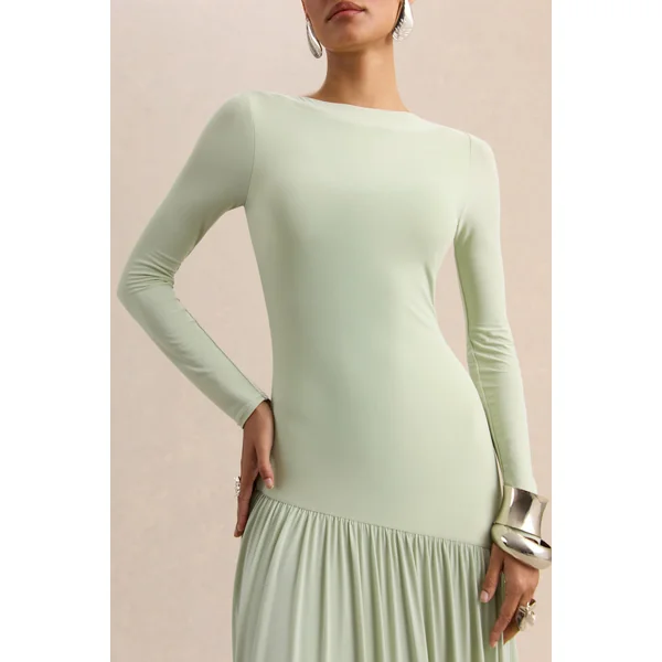 Jasira | Robe longue menthe à encolure ronde avec taille basse asymétrique