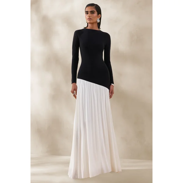 Jasira | Robe longue noir et blanc à encolure ronde avec taille basse asymétrique