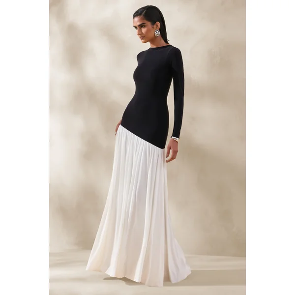 Jasira | Robe longue noir et blanc à encolure ronde avec taille basse asymétrique