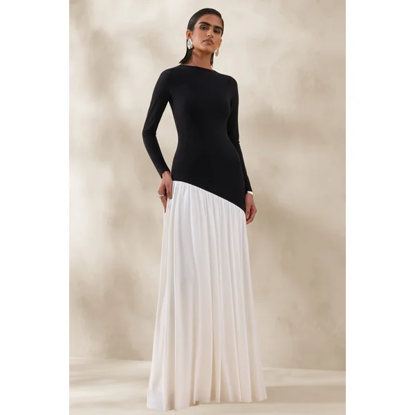 Jasira | Robe longue noir et blanc à encolure ronde avec taille basse asymétrique