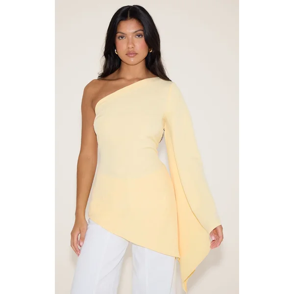Jaune Beurre Haut Long Tissé Asymétrique À Manche Évasée