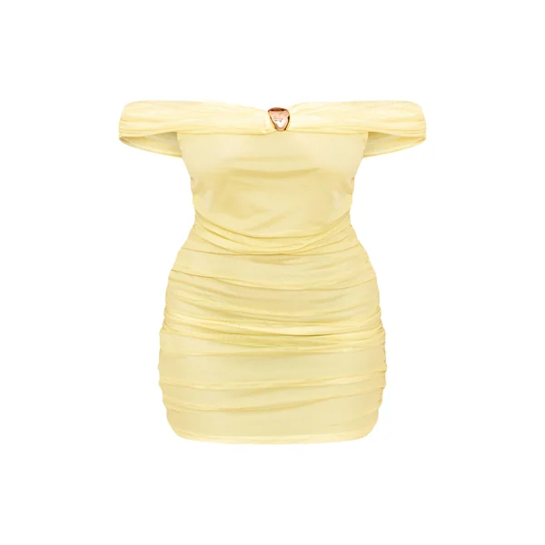 Jaune Beurre Robe Moulante Mini Bardot En Mesh Avec Détails Dorés Froncés