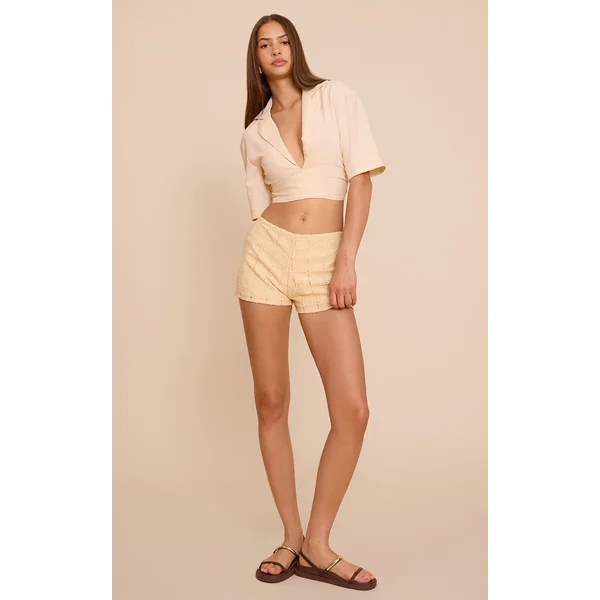 Jaune Beurre Short Taille Haute En Crochet Texturé