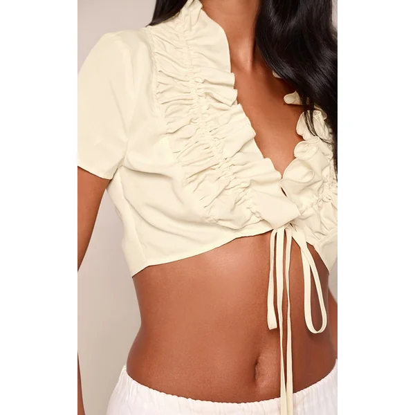 Jaune Citron Chemise Courte À Volants Avec Nœud Devant