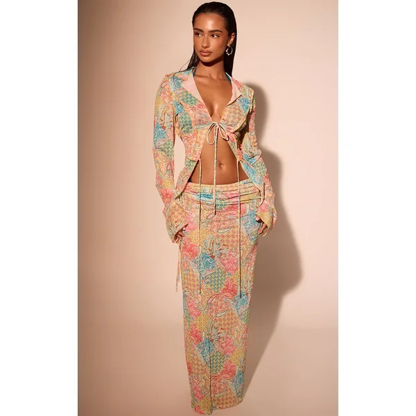 Jaune Citron Chemise De Plage En Mesh À Imprimé Cachemire Avec Lien Noué Devant