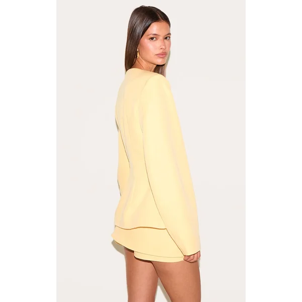 Jaune Citron Ensemble Blazer Cintré À Taille Froncée Et Manches Cocon Avec Boutonnage