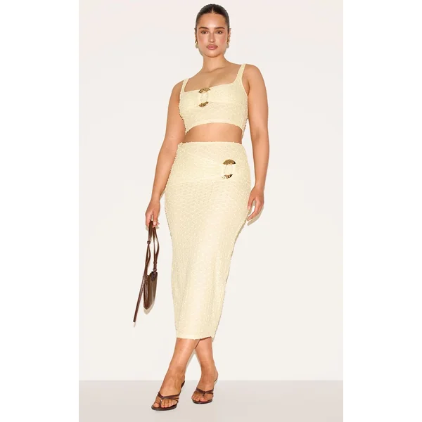 Jaune Citron Haut Court Caraco Texturé Avec Anneau Doré Martelé Ensemble Coordonné Shape