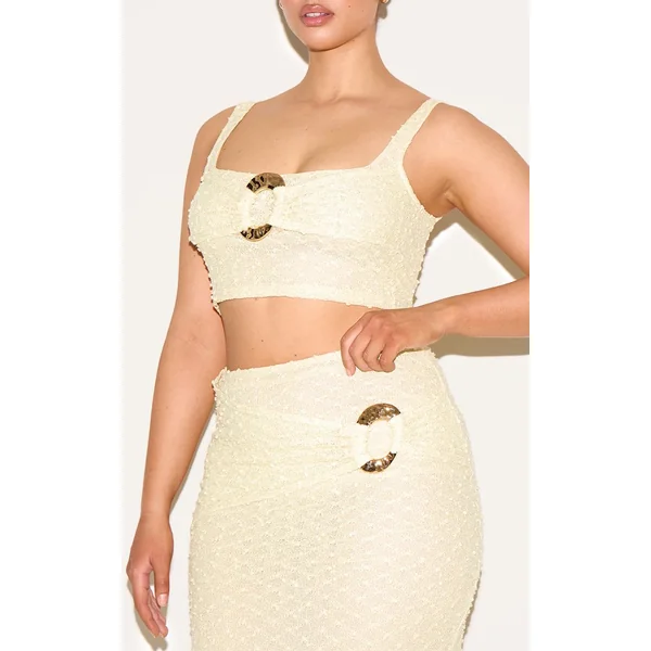 Jaune Citron Haut Court Caraco Texturé Avec Anneau Doré Martelé Ensemble Coordonné Shape