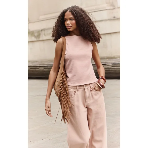 Jaune Citron Haut En Denim Stretch Rose Pâle À Dos Torsadé