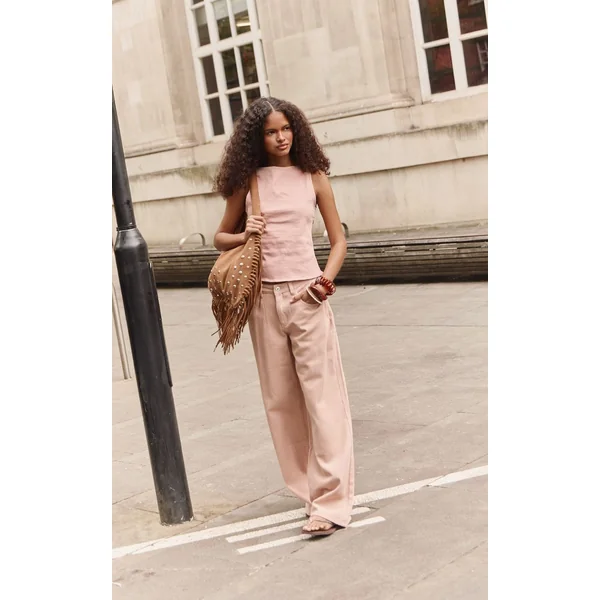 Jaune Citron Haut En Denim Stretch Rose Pâle À Dos Torsadé