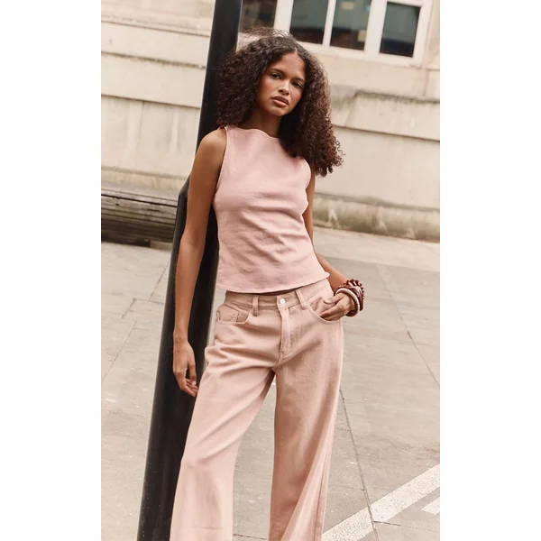 Jaune Citron Haut En Denim Stretch Rose Pâle À Dos Torsadé