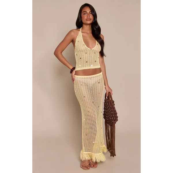 Jaune Citron Jupe Longue En Maille À Sequins Et Franges