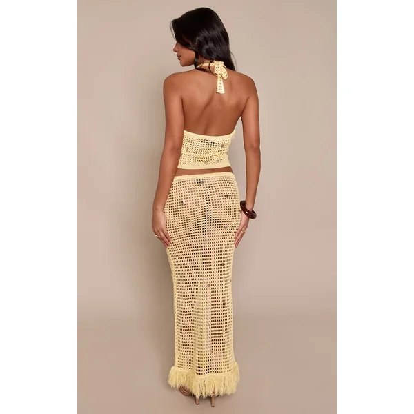 Jaune Citron Jupe Longue En Maille À Sequins Et Franges