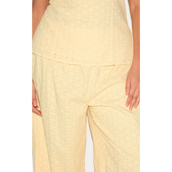 Jaune Citron Pantalon Grande Taille Taille Mi-haute En Lin Brodé Coordonné