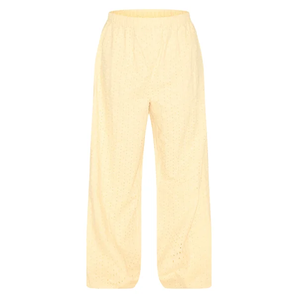 Jaune Citron Pantalon Grande Taille Taille Mi-haute En Lin Brodé Coordonné