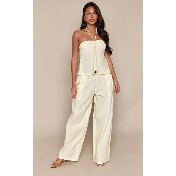 Jaune Citron Pantalon Taille Froncée En Lin Ensemble Coordonné