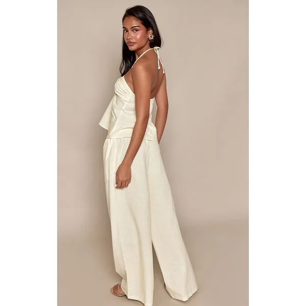 Jaune Citron Pantalon Taille Froncée En Lin Ensemble Coordonné