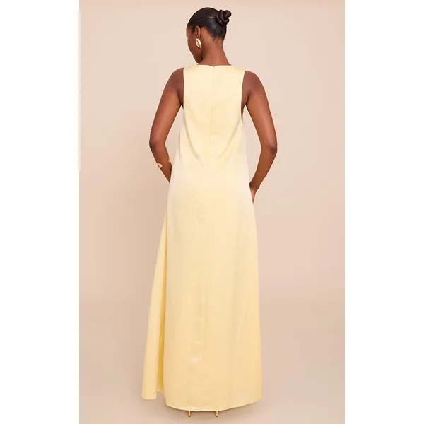 Jaune Citron Robe Longue En Satin Sans Manches À Encolure Bateau
