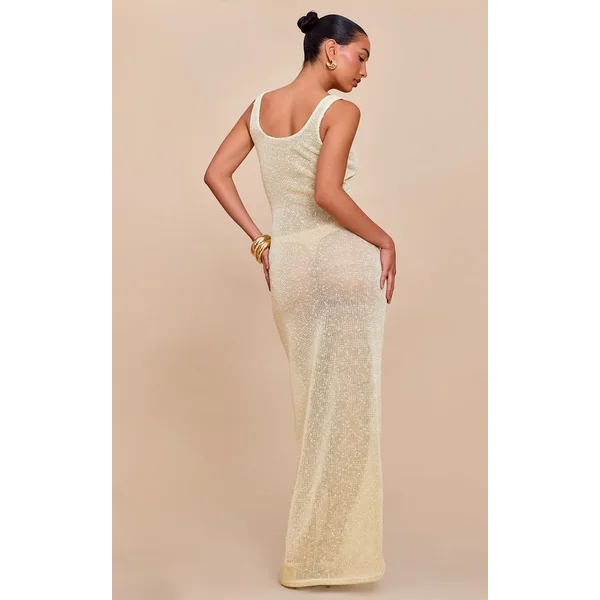 Jaune Citron Robe Longue Transparente À Sequins Et Encolure Dos Nageur