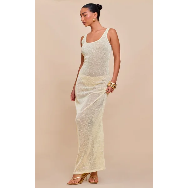 Jaune Citron Robe Longue Transparente À Sequins Et Encolure Dos Nageur
