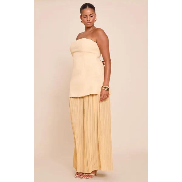 Jaune Citron Robe Maxi Bandeau Grande Taille À Panneaux De Jupe Plissée En Mousseline