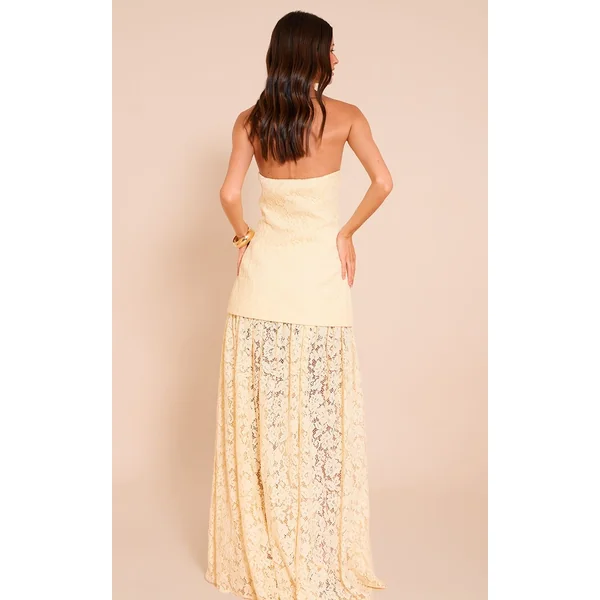 Jaune Citron Robe Midaxi Bandeau À Empiècements De Jupe En Dentelle Transparente