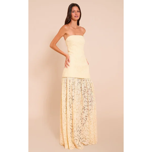 Jaune Citron Robe Midaxi Bandeau À Empiècements De Jupe En Dentelle Transparente