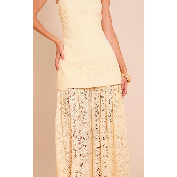Jaune Citron Robe Midaxi Bandeau À Empiècements De Jupe En Dentelle Transparente