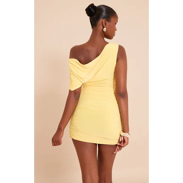 Jaune Citron Robe Mini Drapée À Détails Froncés En Tissu Slinky Double Épaisseur