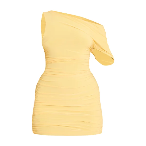 Jaune Citron Robe Mini Drapée À Détails Froncés En Tissu Slinky Double Épaisseur