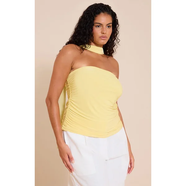Jaune Citron Top Grande Taille En Jersey Double Couche À Col Foulard Et Bandeau