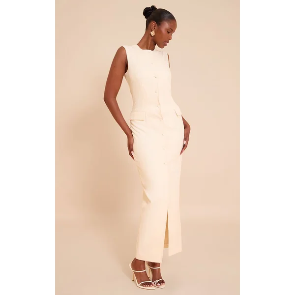 Jaune Pâle Robe Longue Boutonnée En Tissu Tissé