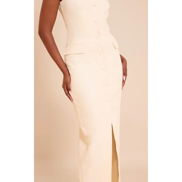 Jaune Pâle Robe Longue Boutonnée En Tissu Tissé