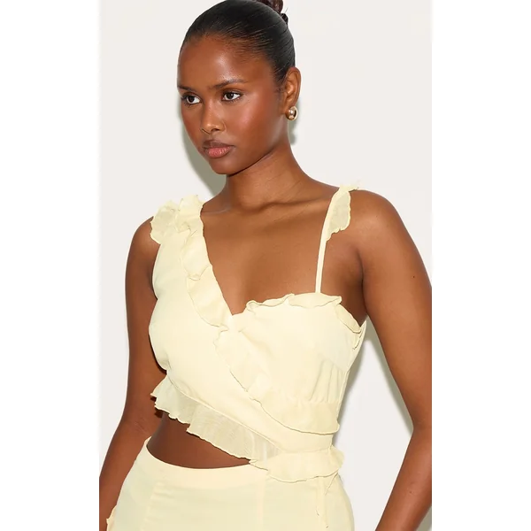 Jaune Pâle Robe Longue En Mousseline À Volants Et Découpes