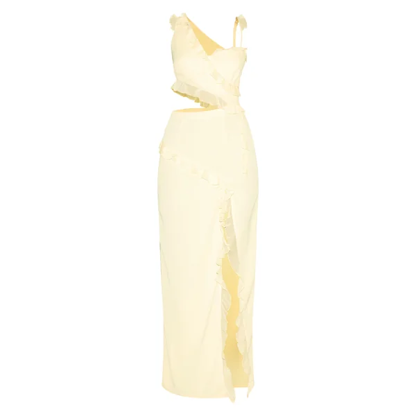 Jaune Pâle Robe Longue En Mousseline À Volants Et Découpes