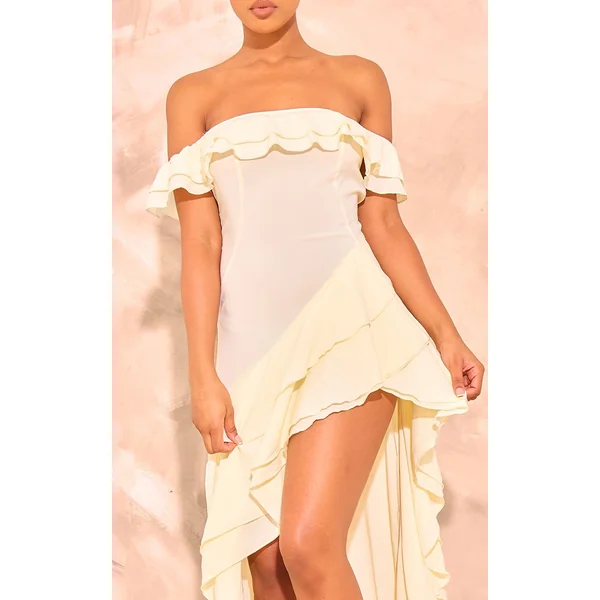Jaune Pâle Robe Midi Bardot À Détail Volants