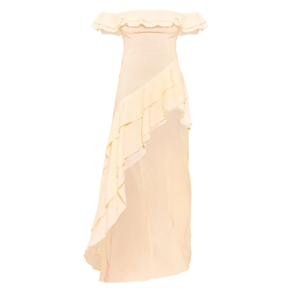Jaune Pâle Robe Midi Bardot À Détail Volants