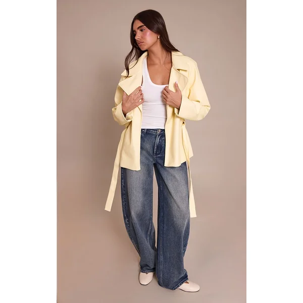 Jaune Pâle Veste Ceinturée En Synthétiquecuir Crème Pâtissière