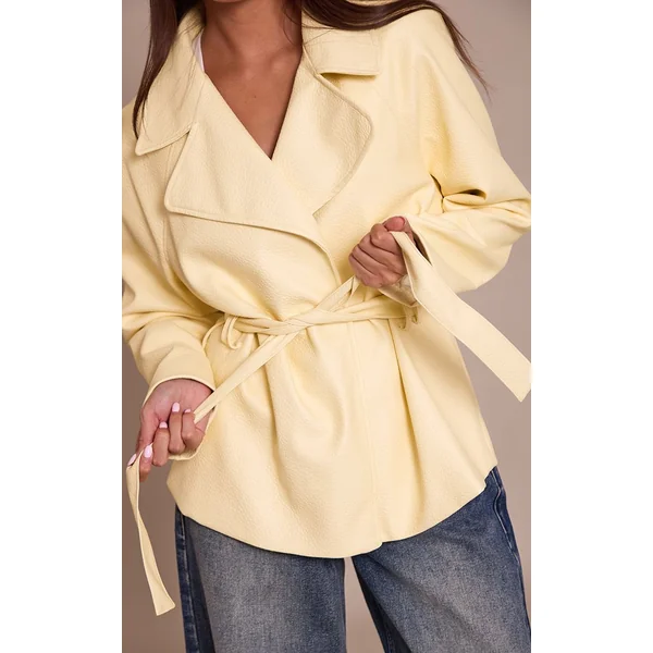 Jaune Pâle Veste Ceinturée En Synthétiquecuir Crème Pâtissière