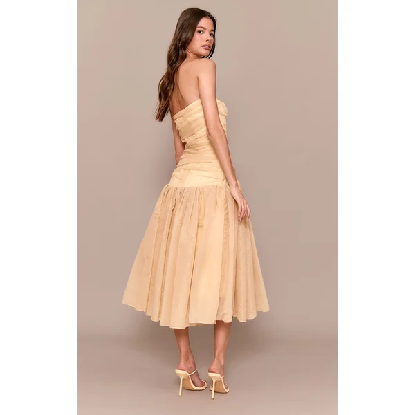 Jaune Robe Midi En Organza À Corsage Froncé