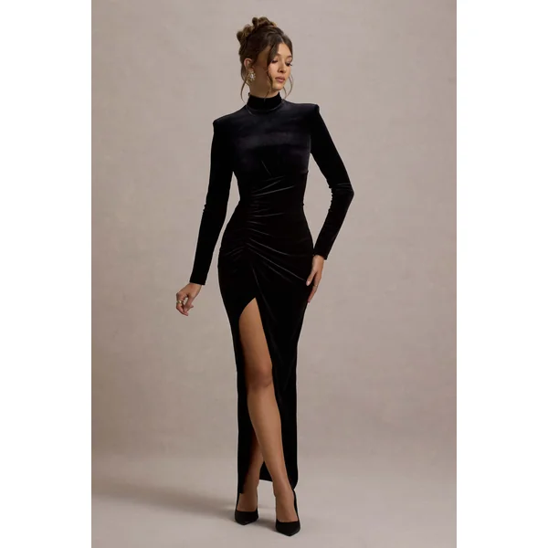 Jaz | Robe Longue Fendue à Col Haut Froncée en Velours Noir