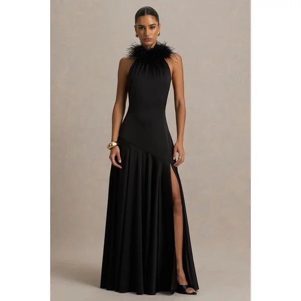 Jemima | Robe longue en satin noir à encolure américaine avec finition en plumes