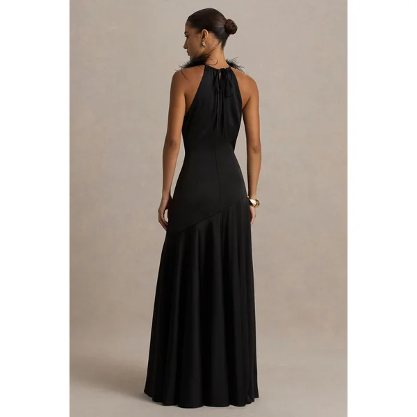 Jemima | Robe longue en satin noir à encolure américaine avec finition en plumes