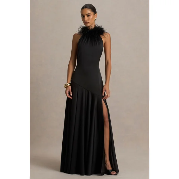 Jemima | Robe longue en satin noir à encolure américaine avec finition en plumes