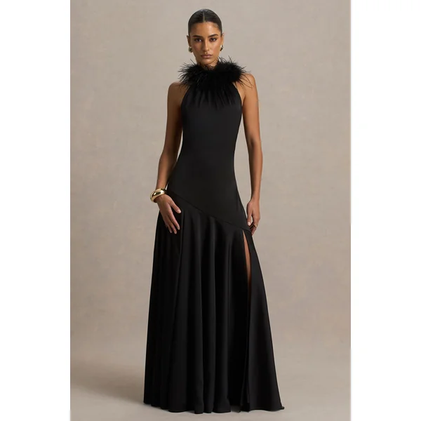 Jemima | Robe longue en satin noir à encolure américaine avec finition en plumes