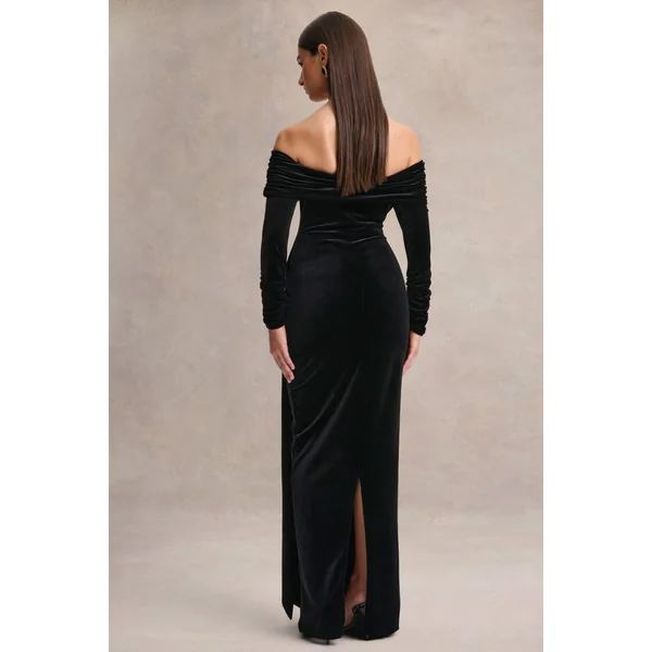 Jessara | Robe longue noire à encolure Bardot et détails noués