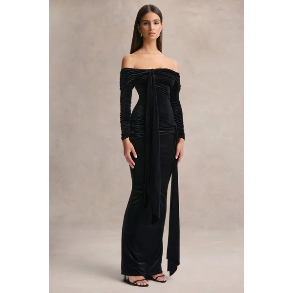 Jessara | Robe longue noire à encolure Bardot et détails noués