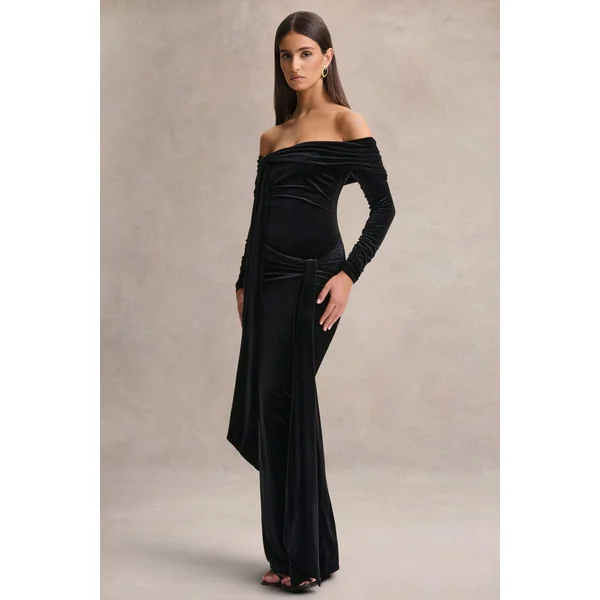 Jessara | Robe longue noire à encolure Bardot et détails noués