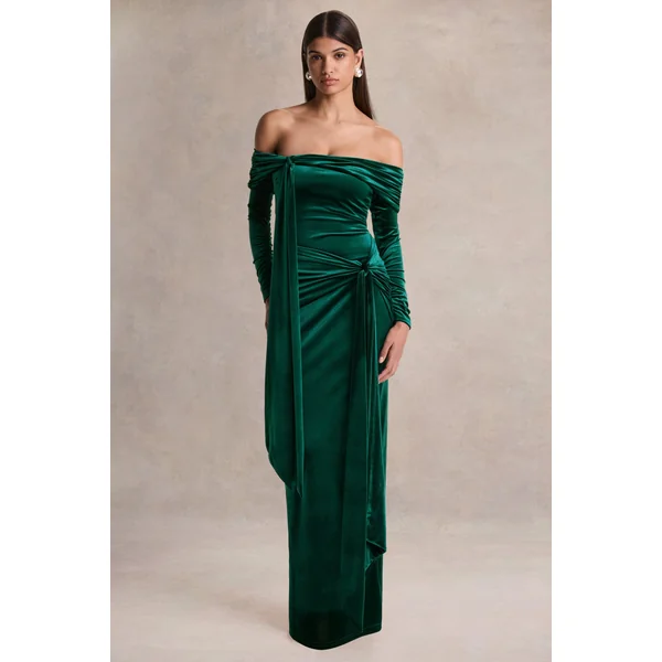 Jessara | Robe longue vert bouteille à encolure bardot avec détails noués