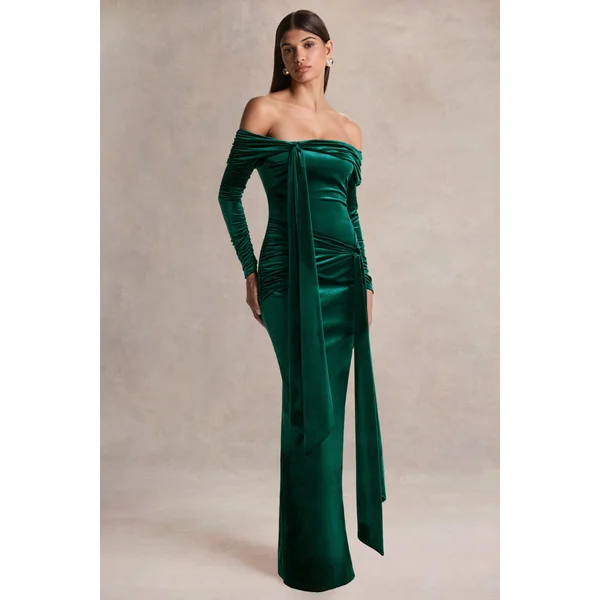 Jessara | Robe longue vert bouteille à encolure bardot avec détails noués